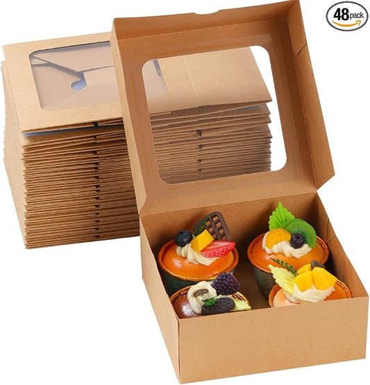 Tuck-Free Cookie Boxes with Window 48 Pack - 6x6x2.5 IN Cardboard - Pastry Containers & Cupcake Box for Baked Goods Packaging - Easy Assemble Mini Treat Holders,Kraft
