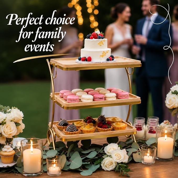 Wooden 3 Tier Serving Stand- Bamboo & Gold Tiered Dessert Tray for Party, Cupcakes, Cake Display, Wedding Reception, Food Serving Platter