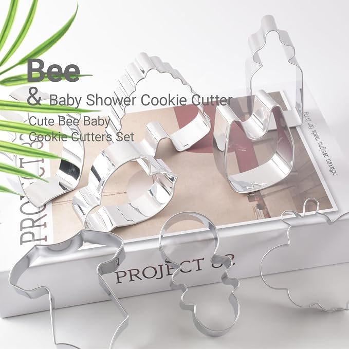 8 Pieces Bee Theme Baby Shower Cookie Cutter Set, Stainless Steel Small Bee Biscuit Cutters Baby Bottle, Bee, Rattle, Bib Fondant Molds Perfect for Baby Shower Bee Birthday Party Baking Supplies