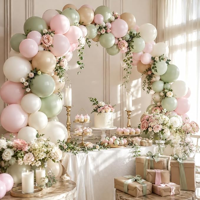 Pink and Green Balloon Arch Garland Kit, 122Pcs Ivory Sand White Dusty Pink Sage Green Spring Balloons for Women Girl Boho Bridal Wedding Baby Shower Engagement Birthday Party Decorations