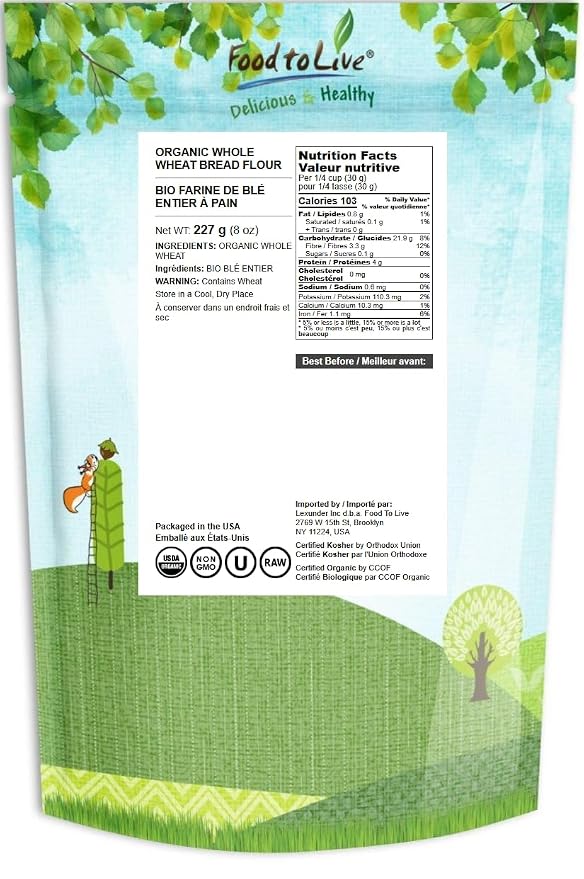 Food to Live Organic Whole Wheat Bread Flour, 8 Ounces - Whole Grain, Unbleached, Non-GMO, Kosher, Unbromated, Raw, Vegan, Bulk, Product of the USA