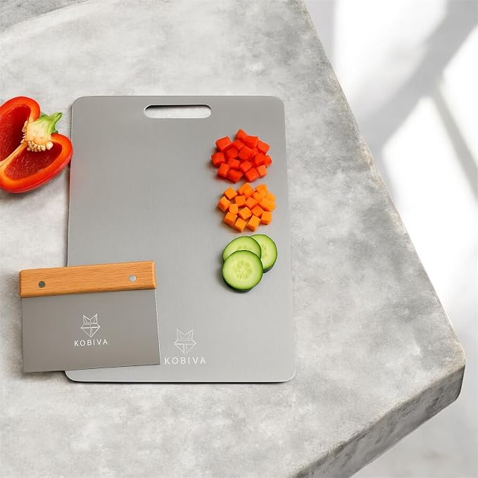 Stainless Steel Pastry Cutting Board 15x11 with Bench Scraper | Metal Dough Board for Kneading Bread & Baking – 304 Food-Grade Chopping Board, Dishwasher Safe, Knife-Friendly, Heavy Duty
