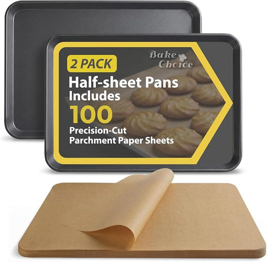 Bake Choice 2 Pack Half Sheet Pans 18x13 In with 100 Pcs Parchment Paper, Heavy Duty Carbon Steel, Warp Resistant Nonstick Baking Sheet, Commercial Grade Cookie Sheets for Oven Baking Roasting
