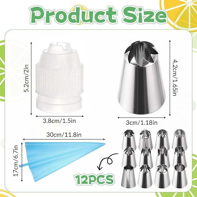 14Pcs Large Piping Tips Set, Stainless Steel Icing Nozzles Kit with Reusable Pastry Bag Cake Decorating Tip Set for DIY Pastry Dough, Cookie, Cupcake, Cakes and Baking