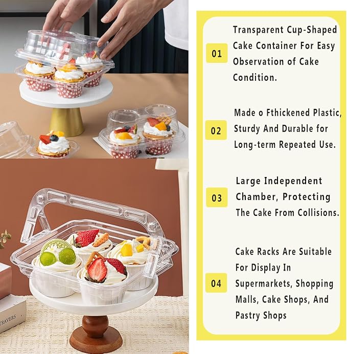 4-Cavity Clear Cupcake Containers,Cupcake Carton With Handle(60pc) | 4-Compartment Cupcake Containers With Handle, TClear Plastic Cupcake Cartons With Lid, Cake Rack For Cake Shops And Bakeries