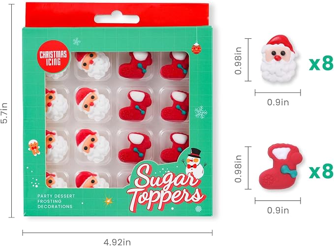 16 Pcs Edible Christmas Cake Decorations, Santa Claus Icing Decorations, Socks for Christmas Gingerbread House, Cupcakes, Cake, Cookies, and Cakecicles