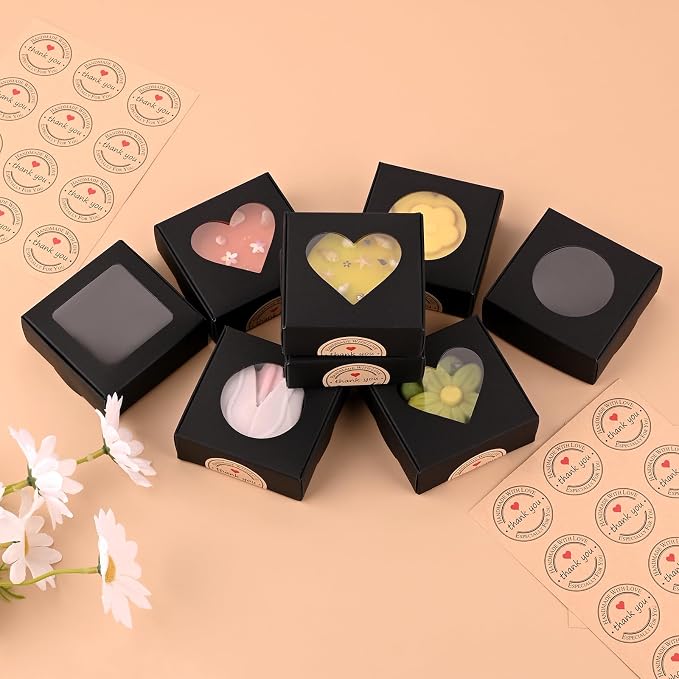 Moukiween 30 PCS Black Soap Boxes for Homemade Soap, 2.95 X 2.95X 1.18 Inch Packaging Gift Boxes with Window, Small Square Soap Wrapping Boxes (Black)