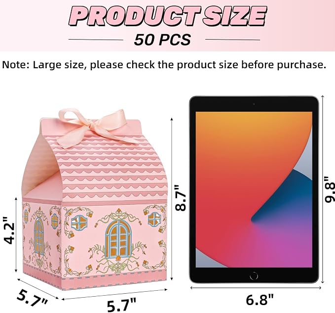 Covzoe 50 Pieces House Shaped Gift Boxes, Large Party Favor Treat Box with Handle Ribbons, 5.7 X 5.7 x 8.7 Inch Pink Gable Snack Goodie Cake Containers Bakery Packaging for Housewarming, Birthday, Wedding, Christmas, Valentine's Day