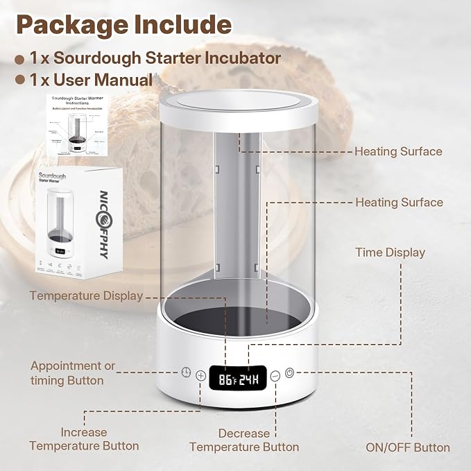 Sourdough Starter Warmer Home Incubator - Upgraded Sour Dough Warmer Box with Double Heating Plates and Warming Dome, 70-100°F Precise 1°F Thermostat, 24H Timer Fermentation Sourdough Heater Mat Tool