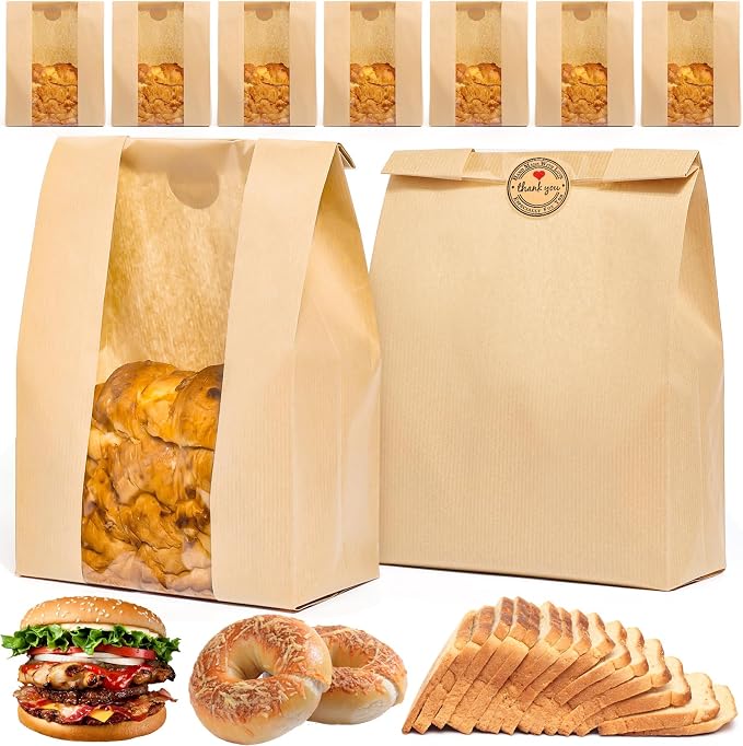 110 Pcs Bread Bags for Homemade Bread With Window Sourdough, 13.78x8.27x3.54 in, Sublaga Paper Bread Bags with 120Pcs Sealing Stickers, Packaging and Storage of Baked Goods Suitable for Bakers (110)