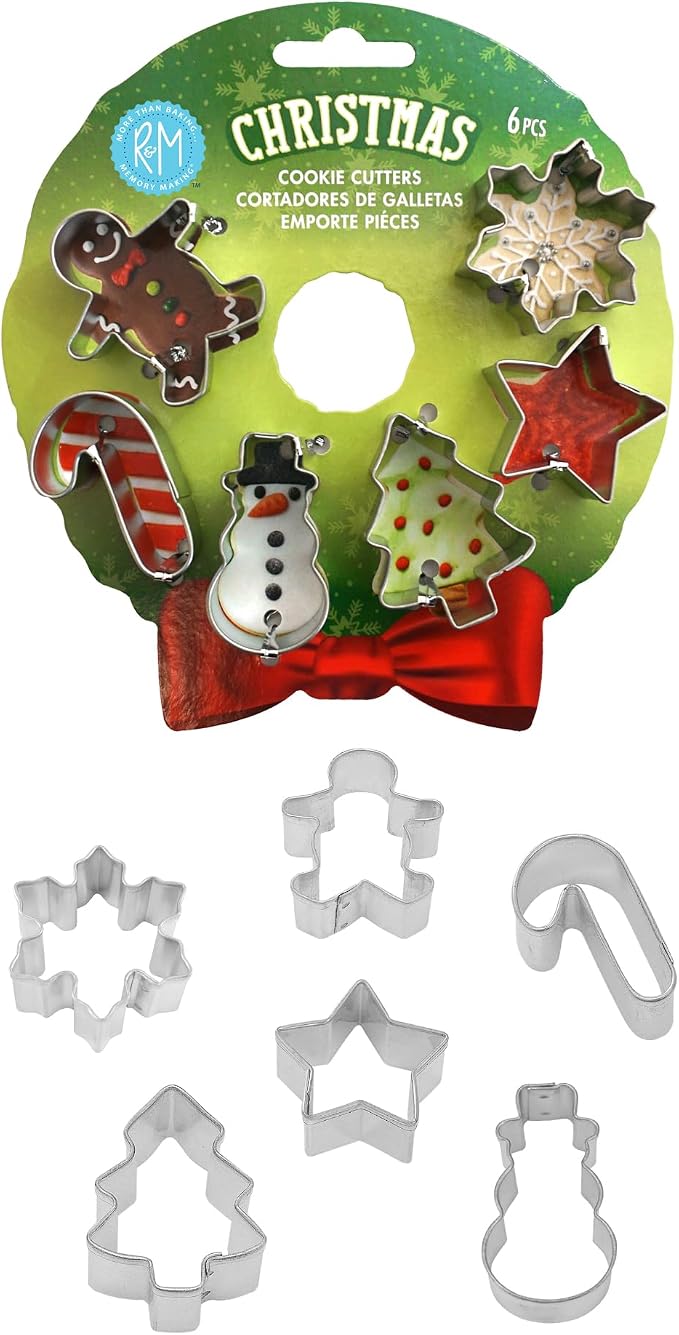 R&M Mini Christmas Cookie Cutter Set. Includes Gingerbread Man, Candy Cane, Snowman, Christmas Tree, Star and Snowflake. Stainless Steel