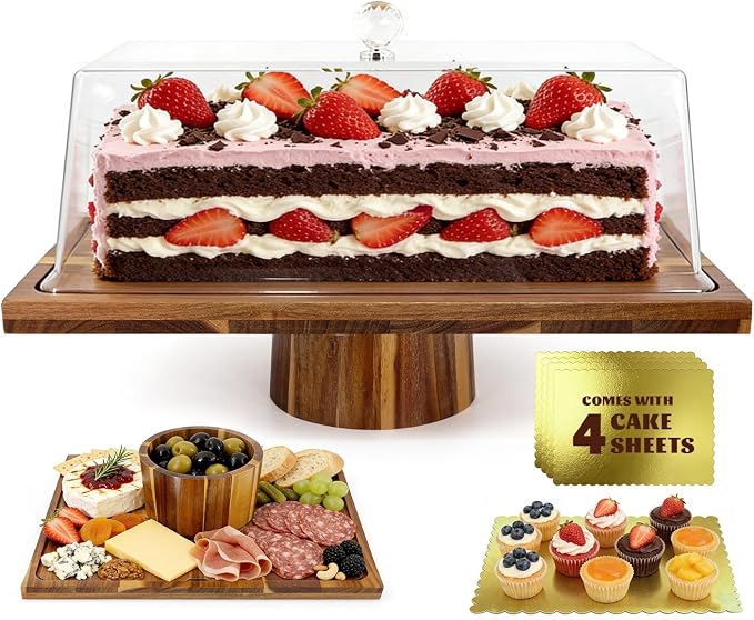 Jolitac Acacia Wood Cake Stand with Lid - Extra Large 17" Rectangular 2-in-1 Dessert Display & Charcuterie Board, Shatterproof Acrylic Dome for Freshness, Perfect for Weddings Parties Gifts