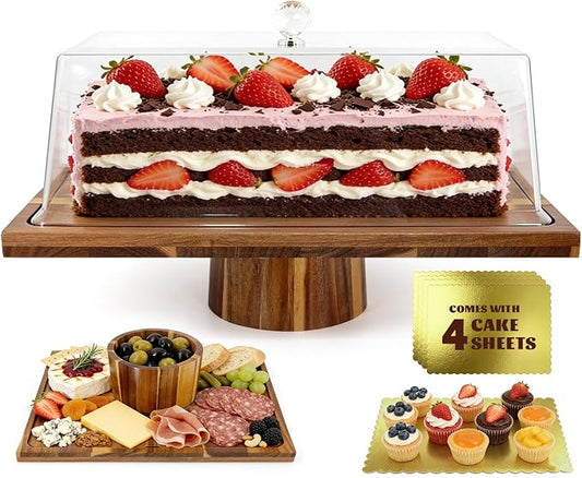 Jolitac Acacia Wood Cake Stand with Lid - Extra Large 17" Rectangular 2-in-1 Dessert Display & Charcuterie Board, Shatterproof Acrylic Dome for Freshness, Perfect for Weddings Parties Gifts