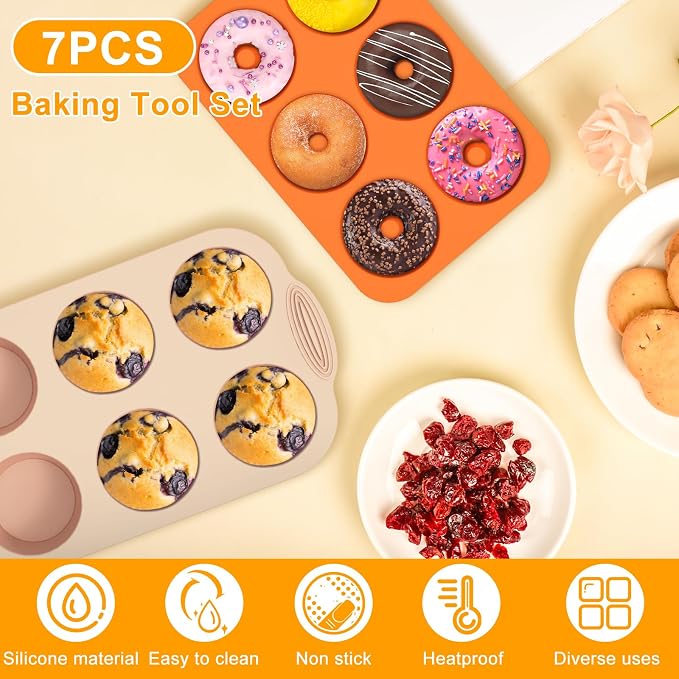 7PCS Silicone Muffin Pan Donut Mold, 6-Cavity Nonstick Baking Tray for Muffins, Cupcakes, Brownies and More, Cake Tray Cupcake Pans Baking Mold