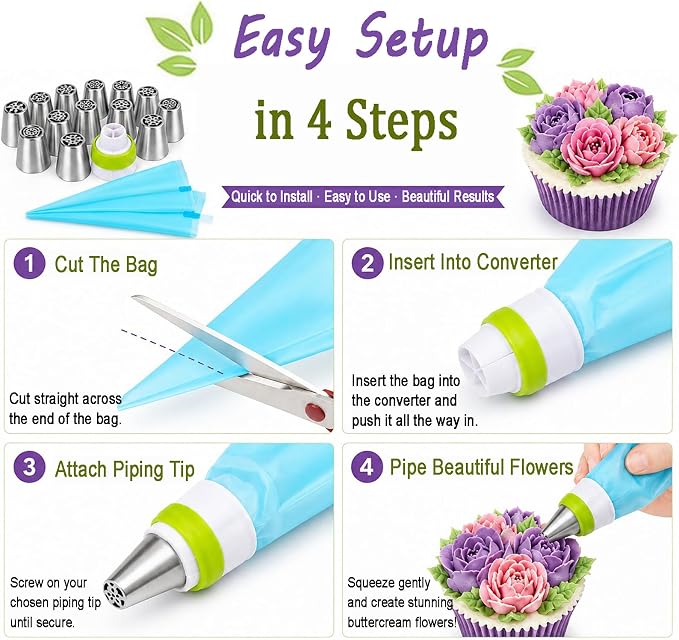 Stainless Steel Russian Piping Tips Set, Extra Large Flower Icing Nozzles, Cupcake Frosting Supplies with Leaf Tips, Couplers, Disposable Pastry Bags, Reusable Piping Bag (Silver,13 PCS)