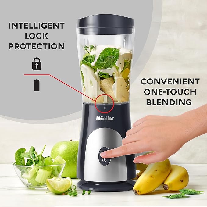 Mueller Smoothie Blender for Smoothies - Personal Blender for Shakes, Frozen Drinks, Baby Food & More, 15oz Travel Cup and Lid, Durable Stainless Steel Blades for Powerful Blending Performance
