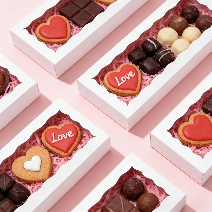XINHPKGG 5pcs Cookie Boxes with window 12 x 5 x 1.5 Inch Bakery Boxes Treat Box Dessert Box for Wedding Party Favors - White