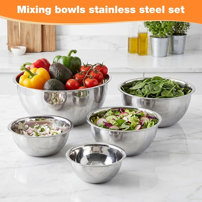 Domensi Stainless Steel Mixing Bowls Set - 5-piece Polished Mirror Nesting Bowls 1.25, 2.75, 4.25, 6.25, 8 Quart Thickened Material Ideal for Kitchen, Cooking, Baking and Storage, Deep