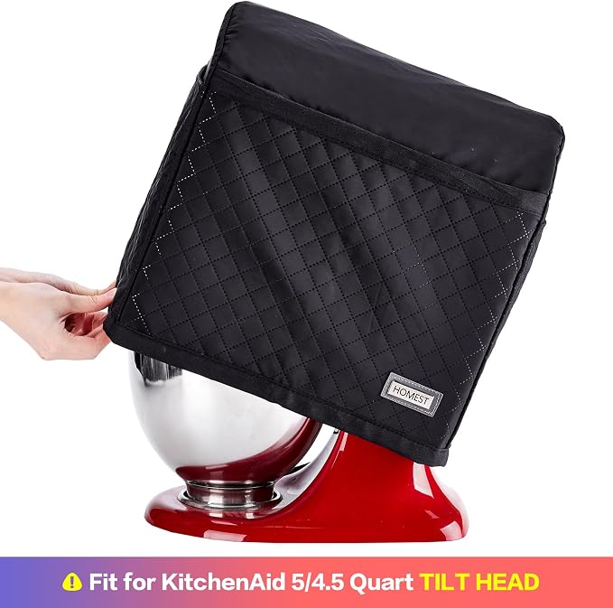 HOMEST Stand Quilted Mixer Cover with Zip Pocket for Kitchen Accessories | Fits KitchenAid 5/4.5 quart mixers, zipper pocket stores attachments and kitchen accessories, Black