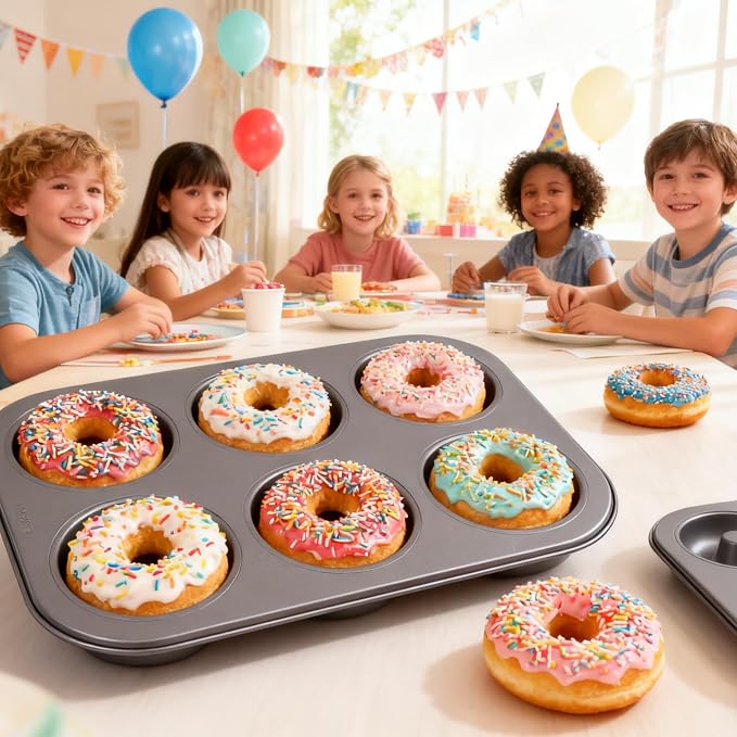 Non-Stick Donut Baking Pan, 1 Pack 6-Cavity Premium Carbon Steel Donut Mold, Heavy Duty & Oven Safe Baking Tray for Donuts, Muffins, Cakes and Biscuits, Easy Release