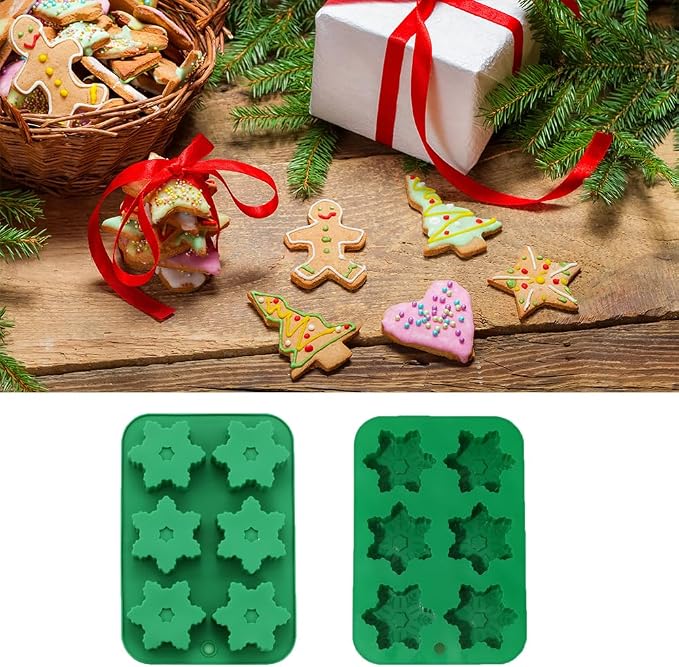 6 Cavities Silicone Cookies Biscuit Mold, 6-hole Christmas Halloween Candy Mold, Reusable DIY Baking Mold Jelly Chocolate Mold, Ice Cube Tray Wax Melt Molds(Set of 2 Green Snows)