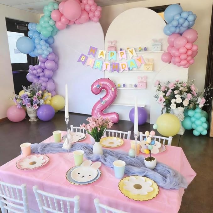 2nd Birthday Decoration for Girls,Easter Pastel Rainbow 2nd Balloon Number 2 Balloon Butterfly Stickers Star Heart Foil Balloons Banner for Baby 2 Year Old Party Decor