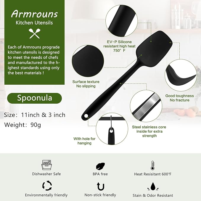 Silicone Spatula Spoon, 11.2" Heat Resistan Rubber Spoonula, Black Non-Stick Spootula with Seamless, Flexible Scrapers for Baking Mixing Serving, Stirring. (Large 11.2)