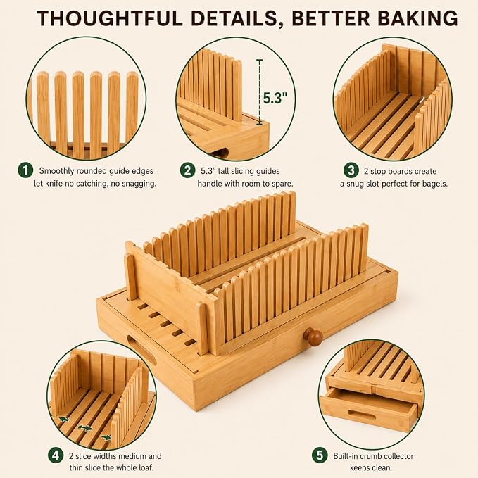 3in1 Bread Slicer for Homemade Bread - Adjustable Width Bamboo Bread Cutter with Storage Box, Bread Box with Cutting Board Crumb Tray, Bread Storage Container for Kitchen Countertop, Sourdough Baking