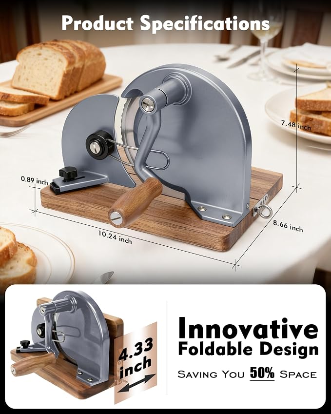 Foldable Manual Bread Slicer, Adjustable Slice, Hand-Cranked Bread Slicer with Ergonomic Handle, Hand Crank Cutter, Durable Aluminum Alloy Body And Sturdy Solid Wood Base-Grey