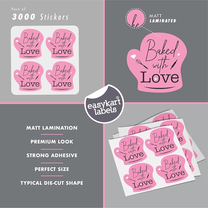 easykart labels 3000 Baked with Love Stickers in Sheets, Pink Color in Hand Gloves Die Cut Design | 2" x 2" Inch Size Highly Recommended for All Bakeries and Baked Products ..