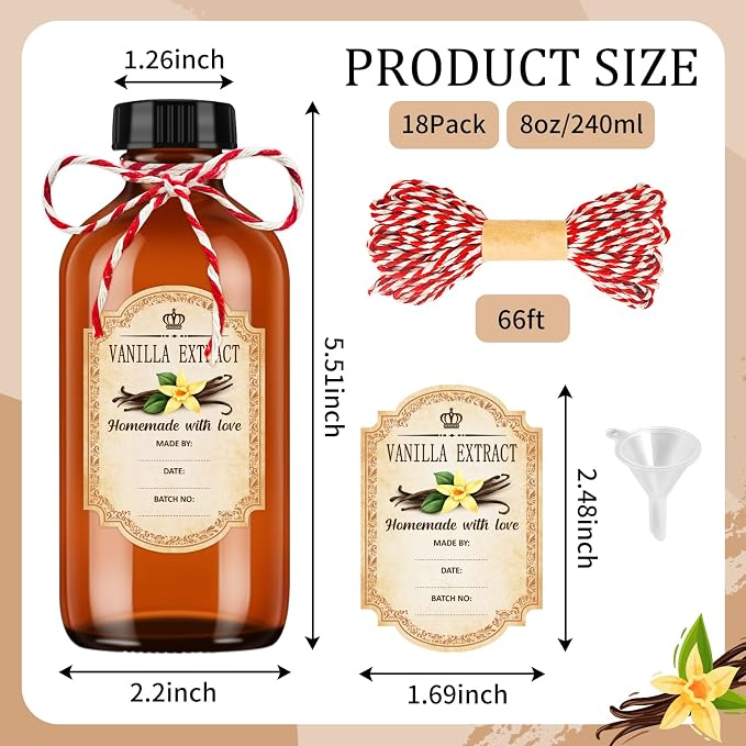 KEYWING 18 Pack 8oz Amber Glass Boston Round Bottles with Airtight Poly Cone Caps, Perfect Dispensing Bottles for Homemade Vanilla Extract, Syrups, Essential Oils, Holiday & Christmas Gift