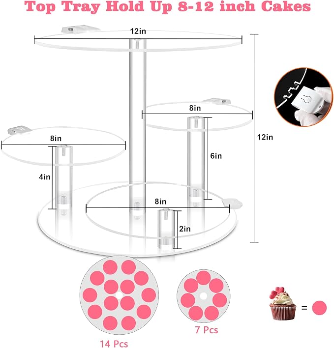 Cake Stand with Rechargable Light, 4 Tier LED Acrylic Cupcake Stand, Round Cake and Cupcake Stand Combo, Clear Tiered Cake Tower Stands for 50 Cupcakes, Display Stand for Wedding Birthday Party