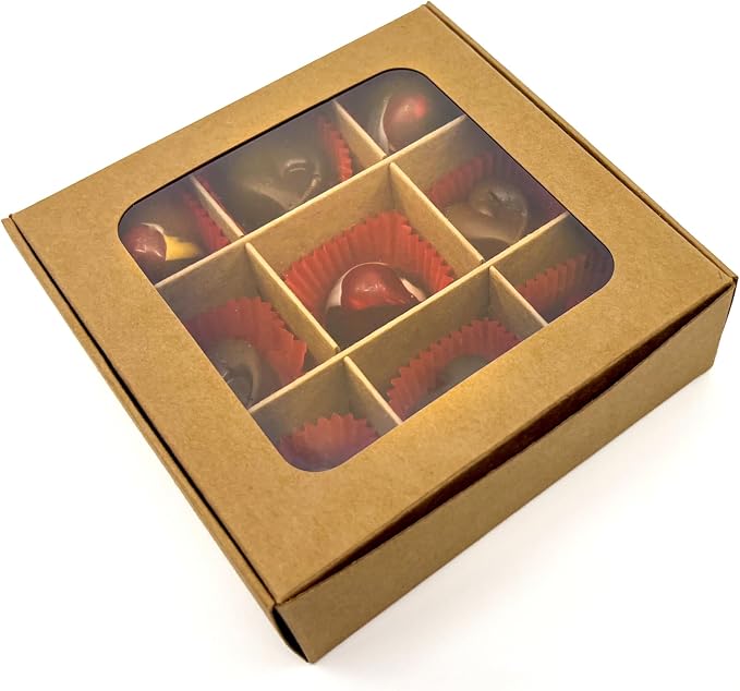 20pcs Kraft Treat Boxes with Window and Dividers | 9 X-SMALL compartments | 5 x 5 x 1.57 in | Empty candy boxes for gift giving, truffle box - perfect for Valentine's Day