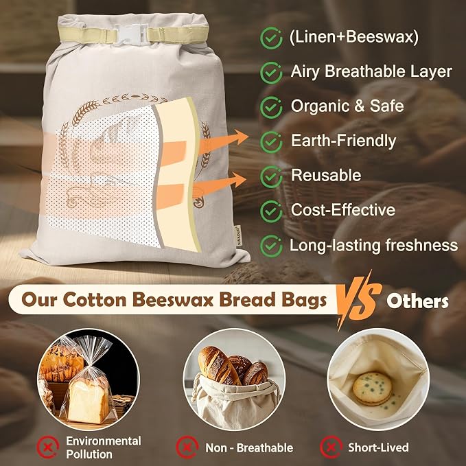 Large Linen Beeswax Bread Bags(2 Pack) Sourdough Bread Bags Reusable Double-Lock Freezer Baking Container Gift Giving for Homemade,Loaf,Sourdough,Food Storage (Artisan Bread Sketch Print, 2Pack)
