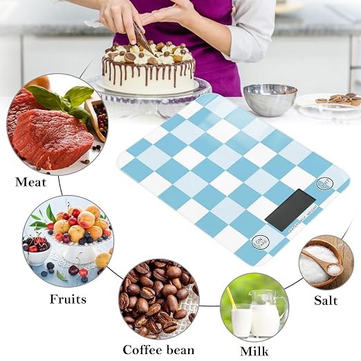 Food Scale Kitchen Digital Scale Food Ounces and Grams Dieting Baking Cooking Waterproof Glass Panels LCD Display,4 Units Scale Tare Function Plaid Blue White Checkered