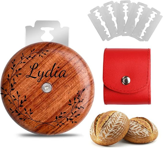Custom Engraved UFO Bread Lame - Personalized Sourdough Scoring Tool for Artisan Bread Baking, Bread Scorer Tool Set with 5 Professional Stainless Steel Blades, Baker Gift Idea (Design B-Red Pouch)