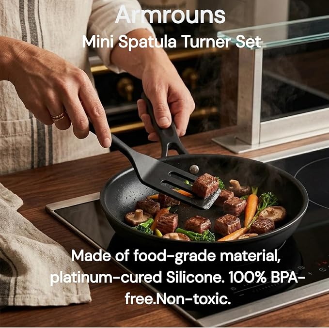 Mini Serving Spatula 2pcs set, Silicone Serve Turner Heat-Resistant Cookie Slotted Spatula, For Kitchen Cooking. (Black)