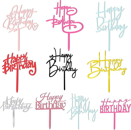 10 PCS Happy Birthday Cake Topper Set Glitter Cake Decorations in 8 Colors Black Silver Gold Rose Gold Pink Rose Red Blue Red Ideal Party Supplies for Adults Any Occasion 10 Styles