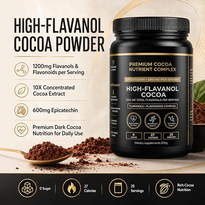High Flavanol Cocoa Powder, 1200mg Flavanols & Flavonoids per Serving, 10X Concentrated Cocoa Extract with 600mg Epicatechin, Unsweetened Organic Cocoa Powder for Baking, Premium Dark Cocoa Nutrition