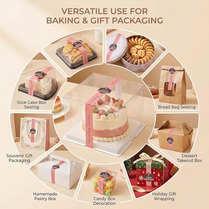 100Pcs Bakery Sealing Stickers Self Adhesive Food Package Seal Labels Long Strip Decorative Tamper Evident Stickers for Cake Box Pastry Handmade Baking Supplies