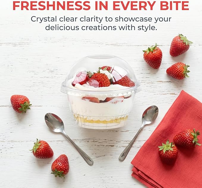 Lyellfe 100 Pack Dessert Cups with Dome Lids, 5 oz Clear Plastic Cups, Disposable Ice Cream Cups for Take Away Food Dessert Cupcake and Fruit