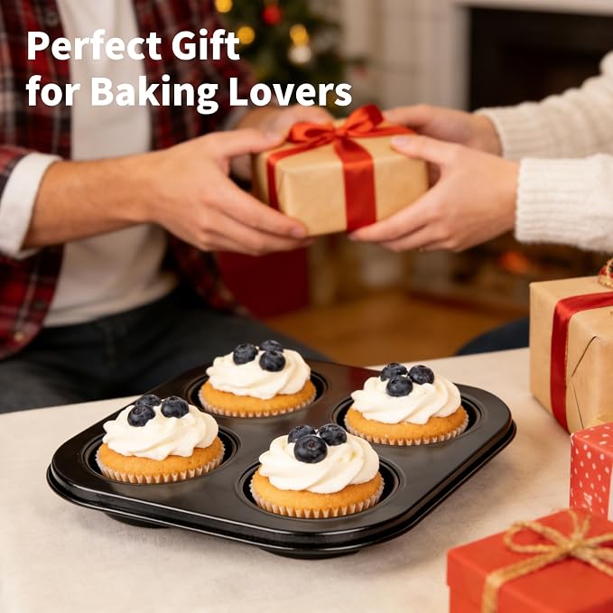 2 Pack 4-Cup Round Muffin Pan, Heavy-Duty Carbon Steel Nonstick Cupcake Baking Pan, 2.56” Standard Size Cups, Compact 7.28” Square Design, Oven & Dishwasher Safe (Black)