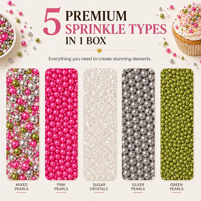 Confect Sprinkles Mix – Enchanted Forest Disco Ball Mashup for Cake & Cupcake Decorating – Assorted Pack of 5 (Hot Pink, Silver, Parrot Green Dragees & White Sparkling Sugar) Palm Oil-Free, No Artificial Dyes - 5 Oz