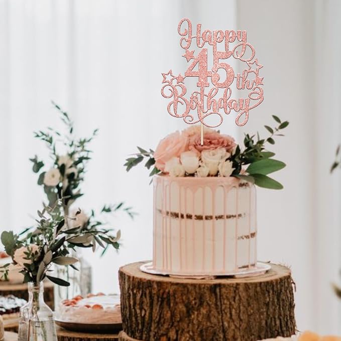 1 PCS Happy 45th Birthday Cake Topper Glitter Cheers to 45 Years Birthday Cake Pick Hello 45 Fabulous Cake Decoration for Happy 45th Birthday Anniversary Party Decorations Supplies Rose Gold