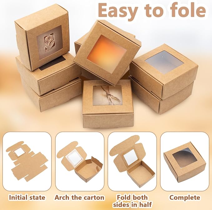 QUYLIXX 100 Pcs Soap Packaging Boxes with Window Mini Kraft Paper Boxes Bulk Treat Favor Boxes Rectangle Gift Soap Boxes for Homemade Soap Making Cookies Candy Prese