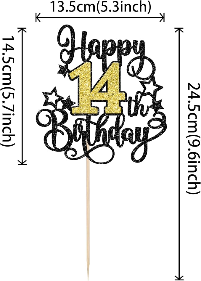 1 PCS Happy 14st Birthday Cake Topper Black Gold Glitter Cheers to 14 Years Birthday Cake Pick Hello 14 Fabulous Cake Decoration for Happy 14st Birthday Anniversary Party Decorations Supplies