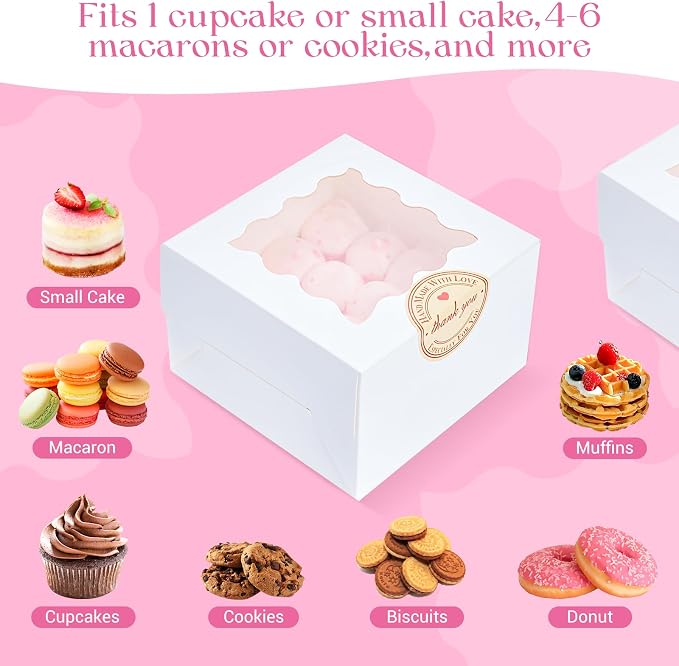 Homrelaxy 200pcs White Cookie Boxes with Window, 4x4x2.5 Inches Small Bakery Boxes with Stickers, for Mini Cake, Macaroon, Cupcakes, Treat Dessert, Candy, Donuts, Cookies, Strawberries, Chocolate