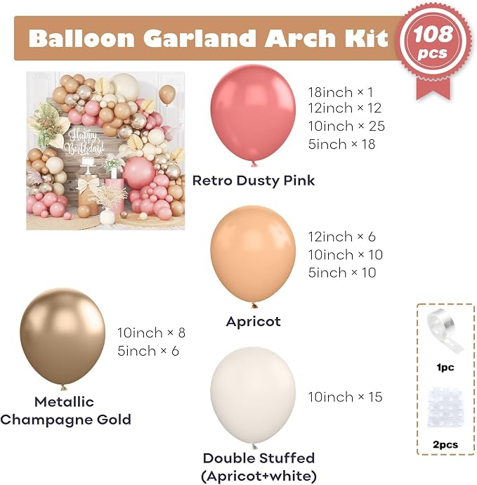 Dusty Pink Balloons Arch Kit, 108 Pcs Blush Pink Garland with Double Stuffed White Apricot Latex Balloon Metallic Champagne Gold for Girls Boho Princess Baby Shower Birthday Wedding Party Decoration