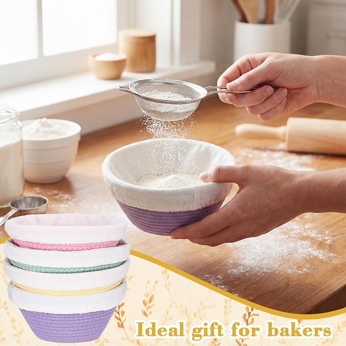 4 Pcs Round Banneton Bread Proofing Basket Set Cotton Rope Sourdough Bread Banneton Basket with Liners Covers for Baking Supplies(5 Inch)