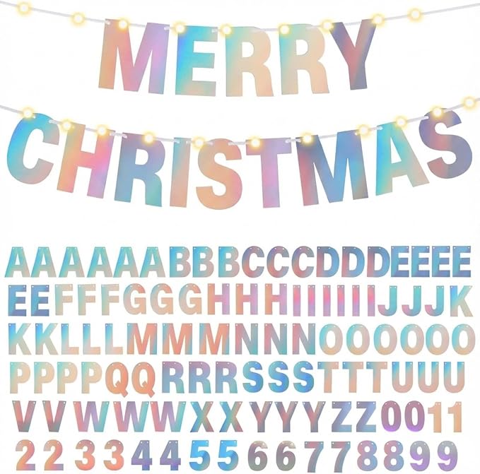 TaoBary 112 Pcs DIY Letter Kit Glitter Customizable Banner Letters Include 107 Letters and Numbers 3 Rope and 2 Needles for Birthday Halloween Christmas Wedding Valentine Party Decor(Holographic)
